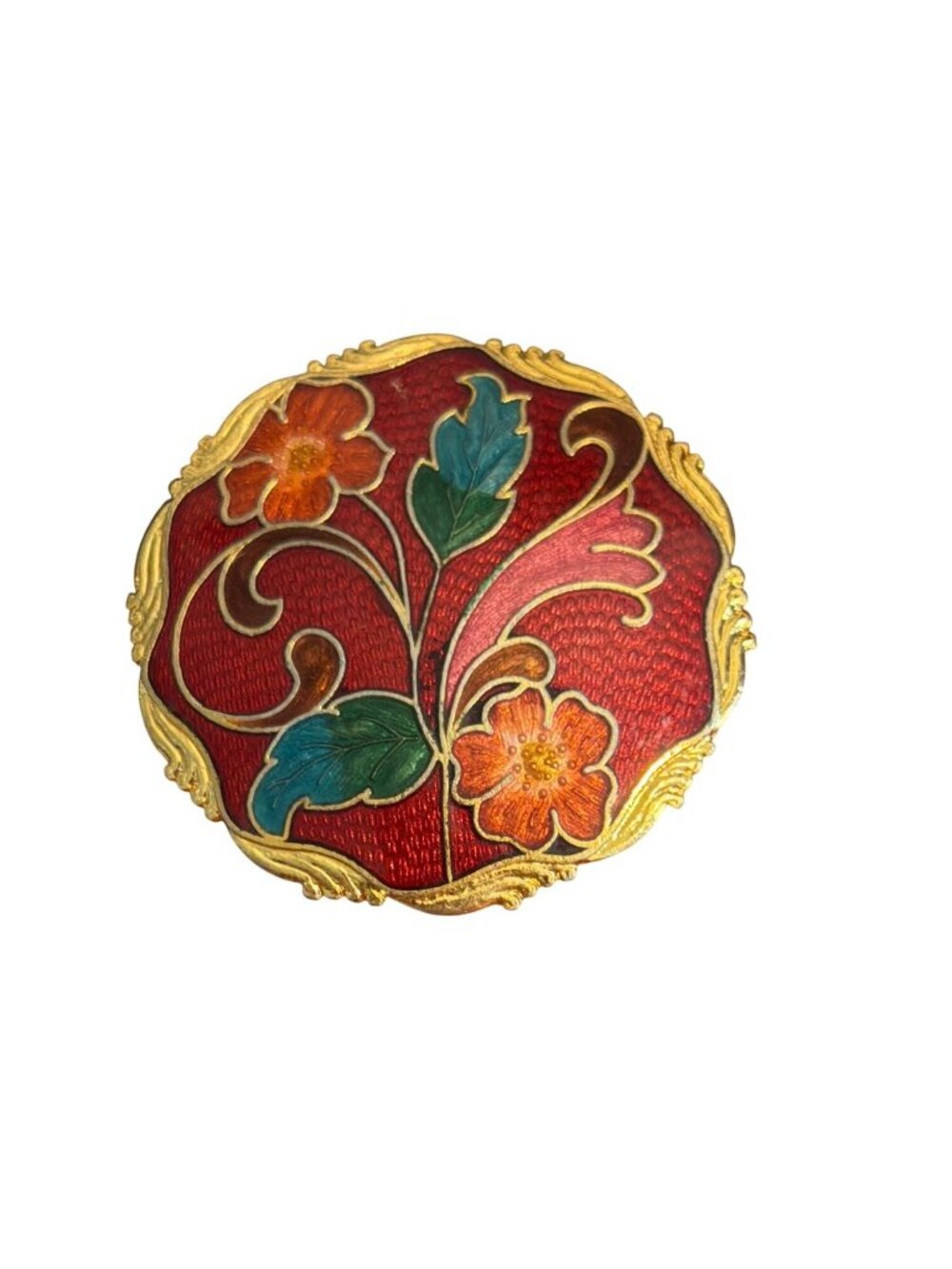 Vintage Gold Tone Enamel Cloisonne Floral Belt Buckle Flowers 2" Red Estate